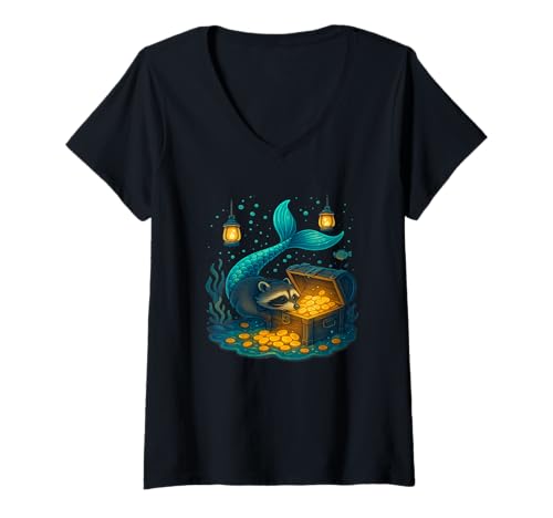 Damen Waschbär des Meeres - Lustige Meerjungfrau mit Schatztruhe T-Shirt mit V-Ausschnitt Damen Waschbär des Meeres - Lustige Meerjungfrau mit Schatztruhe T-Shirt mit V-Ausschnitt von Whimsical Ocean Critters & Fantasy Treasure Vibes