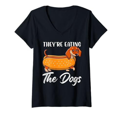 Damen Lustiges Hotdog-Dackel-Design T-Shirt mit V-Ausschnitt Damen Lustiges Hotdog-Dackel-Design T-Shirt mit V-Ausschnitt von Whimsical Paws