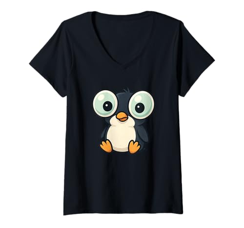 Damen Niedlicher, witziger Pinguin mit großen Augen, Cartoon-Comic-Design T-Shirt mit V-Ausschnitt Damen Niedlicher, witziger Pinguin mit großen Augen, Cartoon-Comic-Design T-Shirt mit V-Ausschnitt von Whimsical Penguin Designs for Men and Women