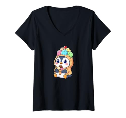 Damen Niedlicher Cartoon-Pinguin mit cremefarbenem Sommer T-Shirt mit V-Ausschnitt Damen Niedlicher Cartoon-Pinguin mit cremefarbenem Sommer T-Shirt mit V-Ausschnitt von Whimsical Penguin Ice and Summer Designs