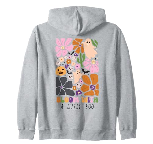 Bloom with Little Boo Halloween-Geisterkürbis-Mädchen mit Blumenmuster Kapuzenjacke Bloom with Little Boo Halloween-Geisterkürbis-Mädchen mit Blumenmuster Kapuzenjacke von Whimsical Pumpkins and Blooms Halloween Shirt Co.