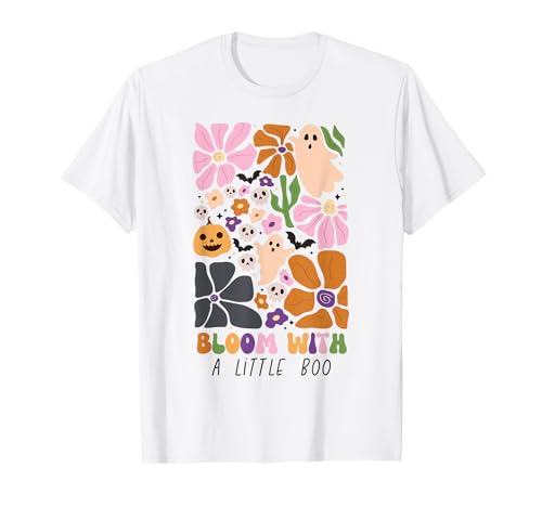 Bloom with Little Boo Halloween-Geisterkürbis-Mädchen mit Blumenmuster T-Shirt Bloom with Little Boo Halloween-Geisterkürbis-Mädchen mit Blumenmuster T-Shirt von Whimsical Pumpkins and Blooms Halloween Shirt Co.