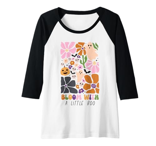 Damen Bloom with Little Boo Halloween-Geisterkürbis-Mädchen mit Blumenmuster Raglan Damen Bloom with Little Boo Halloween-Geisterkürbis-Mädchen mit Blumenmuster Raglan von Whimsical Pumpkins and Blooms Halloween Shirt Co.