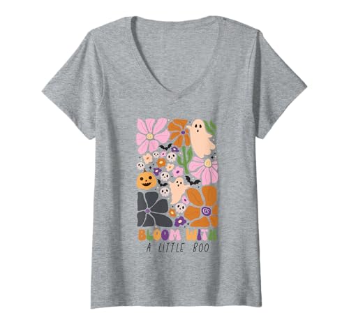 Damen Bloom with Little Boo Halloween-Geisterkürbis-Mädchen mit Blumenmuster T-Shirt mit V-Ausschnitt Damen Bloom with Little Boo Halloween-Geisterkürbis-Mädchen mit Blumenmuster T-Shirt mit V-Ausschnitt von Whimsical Pumpkins and Blooms Halloween Shirt Co.