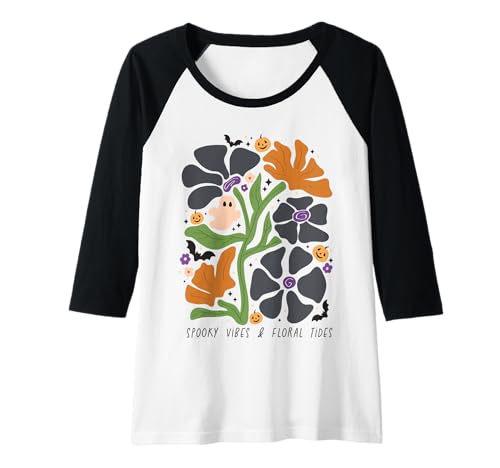 Damen Gruselige Stimmung und Florale Gezeiten, Retro-Motiv, Geisterkürbis, Halloween Raglan Damen Gruselige Stimmung und Florale Gezeiten, Retro-Motiv, Geisterkürbis, Halloween Raglan von Whimsical Pumpkins and Blooms Halloween Shirt Co.