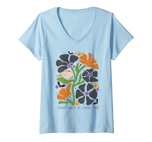 Damen Gruselige Stimmung und Florale Gezeiten, Retro-Motiv, Geisterkürbis, Halloween T-Shirt mit V-Ausschnitt Damen Gruselige Stimmung und Florale Gezeiten, Retro-Motiv, Geisterkürbis, Halloween T-Shirt mit V-Ausschnitt von Whimsical Pumpkins and Blooms Halloween Shirt Co.