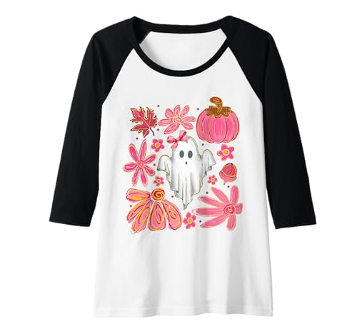 Damen Niedliches Mädchen Geist Rosa Blumen & Kürbis Herbst Halloween Frauen Raglan Damen Niedliches Mädchen Geist Rosa Blumen & Kürbis Herbst Halloween Frauen Raglan von Whimsical Pumpkins and Blooms Halloween Shirt Co.