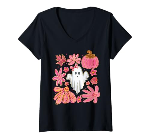 Damen Niedliches Mädchen Geist Rosa Blumen & Kürbis Herbst Halloween Frauen T-Shirt mit V-Ausschnitt Damen Niedliches Mädchen Geist Rosa Blumen & Kürbis Herbst Halloween Frauen T-Shirt mit V-Ausschnitt von Whimsical Pumpkins and Blooms Halloween Shirt Co.
