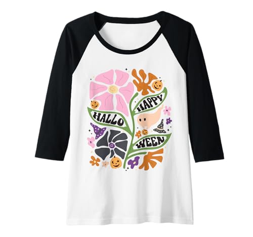 Damen Süßer Happy Halloween Geist und Kürbis Retro Floral Fall Raglan Damen Süßer Happy Halloween Geist und Kürbis Retro Floral Fall Raglan von Whimsical Pumpkins and Blooms Halloween Shirt Co.