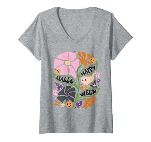 Damen Süßer Happy Halloween Geist und Kürbis Retro Floral Fall T-Shirt mit V-Ausschnitt Damen Süßer Happy Halloween Geist und Kürbis Retro Floral Fall T-Shirt mit V-Ausschnitt von Whimsical Pumpkins and Blooms Halloween Shirt Co.