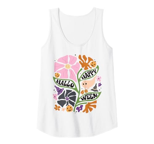 Damen Süßer Happy Halloween Geist und Kürbis Retro Floral Fall Tank Top Damen Süßer Happy Halloween Geist und Kürbis Retro Floral Fall Tank Top von Whimsical Pumpkins and Blooms Halloween Shirt Co.