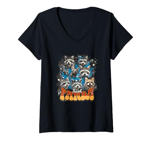 Damen Trash Panda Waschbär Gesichter skurrile Ausdrücke T-Shirt mit V-Ausschnitt Damen Trash Panda Waschbär Gesichter skurrile Ausdrücke T-Shirt mit V-Ausschnitt von Whimsical Raccoon Faces Trash Panda Expressions