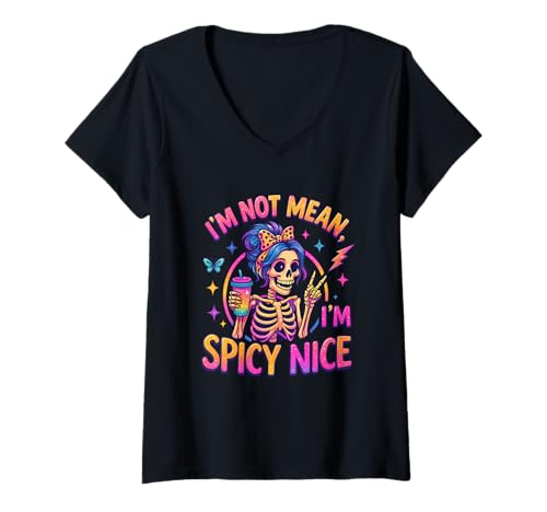 Damen I'm Not Mean I'm Spicy Nice Skelett Art T-Shirt mit V-Ausschnitt Damen I'm Not Mean I'm Spicy Nice Skelett Art T-Shirt mit V-Ausschnitt von Whimsical Skeleton Humor Vivid Colors