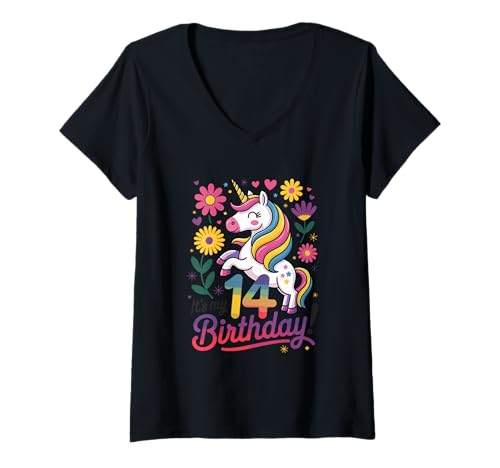 Damen It's My 14 Birthday Einhorn Floral Fun T-Shirt mit V-Ausschnitt Damen It's My 14 Birthday Einhorn Floral Fun T-Shirt mit V-Ausschnitt von Whimsical Unicorn Birthday Celebration Magic