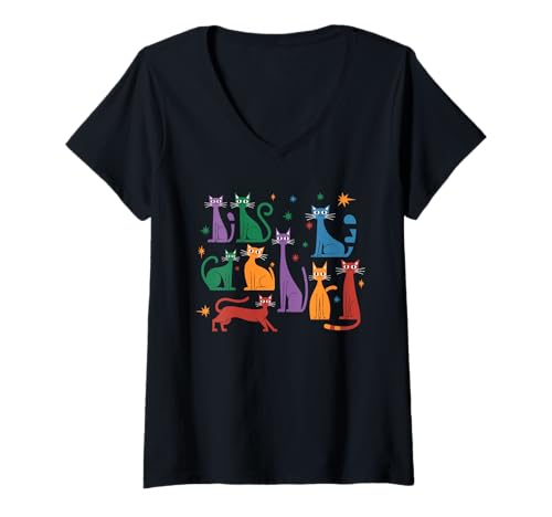 Damen Retro Colorful Cats Illustration Mid Century Katzen Kunst T-Shirt mit V-Ausschnitt Damen Retro Colorful Cats Illustration Mid Century Katzen Kunst T-Shirt mit V-Ausschnitt von Whimsical Vintage Style Cat Illustration Nostalgia