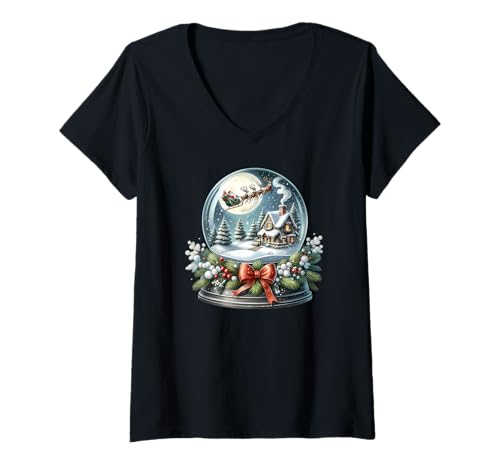 Damen Weihnachtsmann Schlitten über gemütlicher Schneekugel Szene T-Shirt mit V-Ausschnitt Damen Weihnachtsmann Schlitten über gemütlicher Schneekugel Szene T-Shirt mit V-Ausschnitt von Whimsical Winter Studio Apparel Home And More