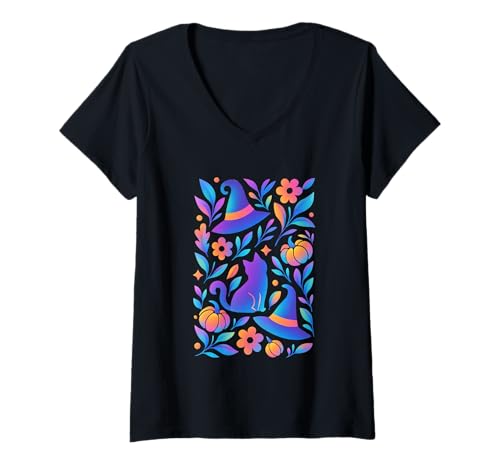 Damen Skurrile Katze Hexenhut Floral Halloween T-Shirt mit V-Ausschnitt Damen Skurrile Katze Hexenhut Floral Halloween T-Shirt mit V-Ausschnitt von Whimsical Witchy Cats Halloween Fun