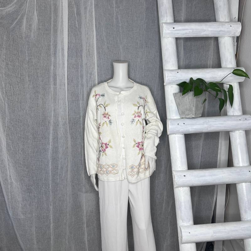 Cardigan Weiss Blumen Vintage L von WhimsicalSecondHand