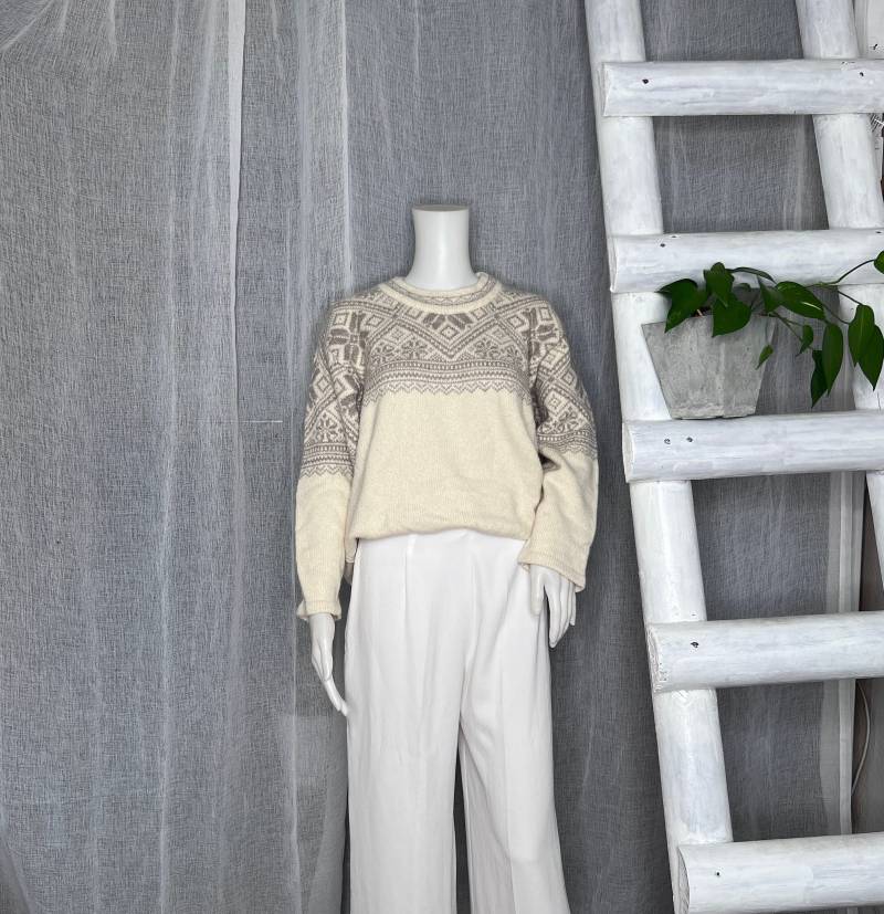 Vintage 90Er Jahre Wollpullover 42 Creme Braun Muster von WhimsicalSecondHand