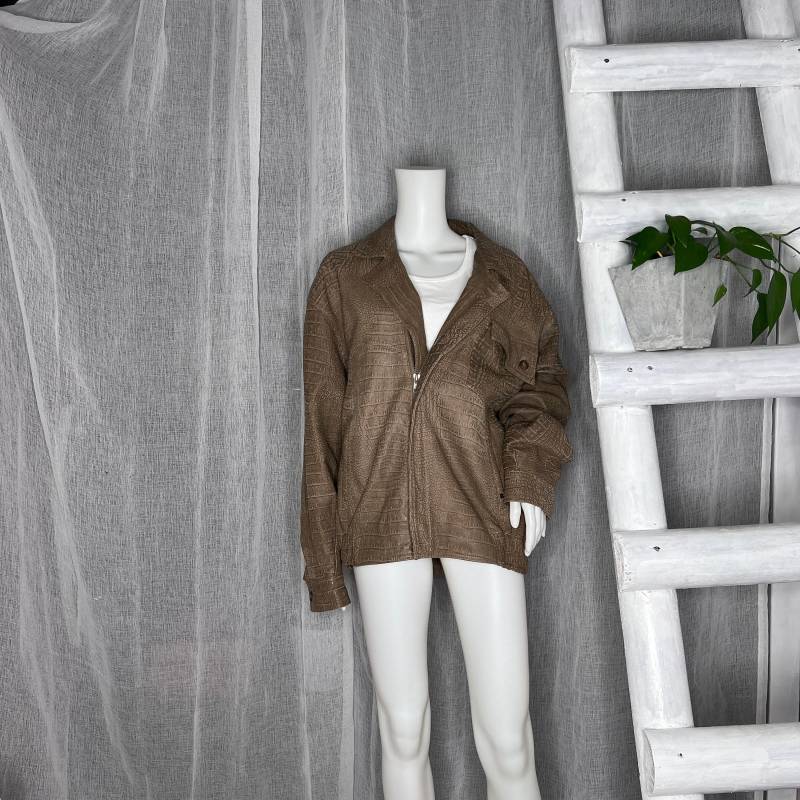Vintage Lederjacke Bomberjacke Braun Croc Oversized 90Er von WhimsicalSecondHand