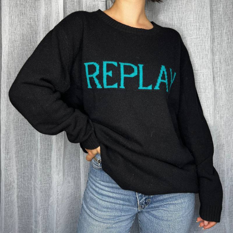 Vintage Wolle Pullover Schwarz Replay Oversized Big Logo von WhimsicalSecondHand