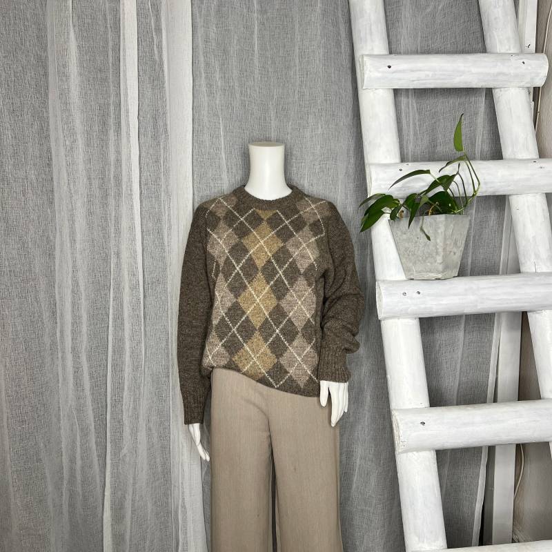 Wollpullover Braun Beige Diamantmuster Vintage 90Er Jahre von WhimsicalSecondHand
