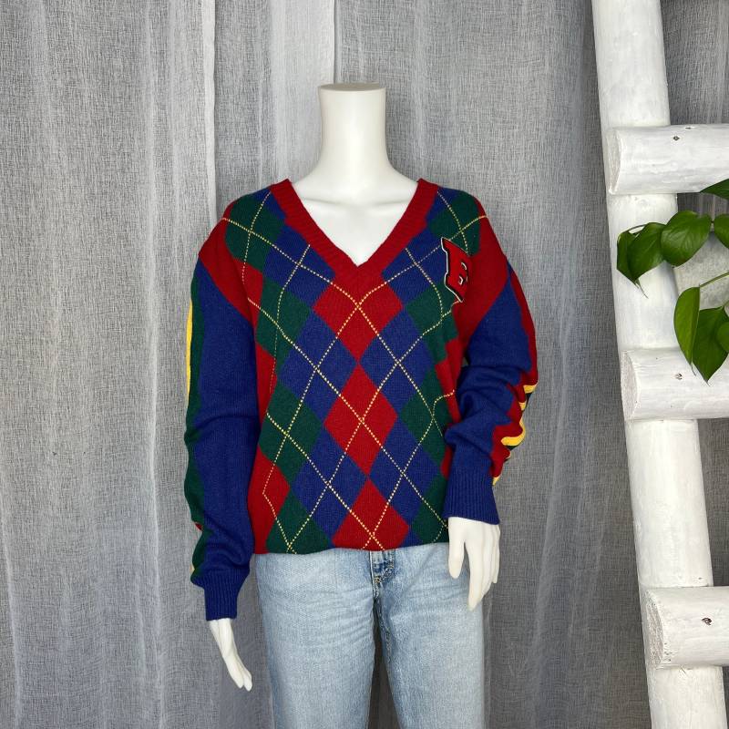 Wollpullover L Rot Blau Bunt Argylle Muster Vintage 90Er Jahre von WhimsicalSecondHand