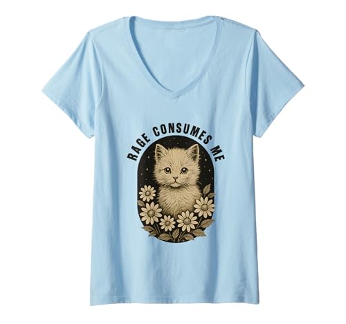 Damen Cat Rage konsumiert Mich Süßes Kätzchen mit Blumengänseblümchen Lustiges Meme T-Shirt mit V-Ausschnitt Damen Cat Rage konsumiert Mich Süßes Kätzchen mit Blumengänseblümchen Lustiges Meme T-Shirt mit V-Ausschnitt von Whimsy Cat Co. Cat Rage Consumes Me Funny Meme
