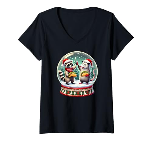 Damen Lustiger Waschbär und Opossum Taco Party High-Five Weihnachten T-Shirt mit V-Ausschnitt Damen Lustiger Waschbär und Opossum Taco Party High-Five Weihnachten T-Shirt mit V-Ausschnitt von Whimsy Dreamer Designs