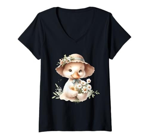 Damen Entzückendes Entlein mit Blumen-Illustration T-Shirt mit V-Ausschnitt Damen Entzückendes Entlein mit Blumen-Illustration T-Shirt mit V-Ausschnitt von Whimsy Meadow Apparel Home And More Company