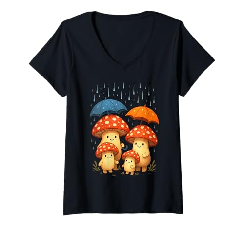 Damen Süße Pilzfamilie mit Regenschirmen T-Shirt mit V-Ausschnitt Damen Süße Pilzfamilie mit Regenschirmen T-Shirt mit V-Ausschnitt von Whimsy Woods