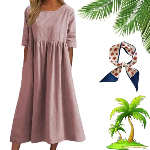 Whimsyard Damen Casual Basic Outdoor Rundhalsausschnitt Tasche gesmoktes Baumwollkleid, Lässiges, Lockeres Halbarm-Maxikleid aus Leinen für den Strand (Rosa,3XL) von Whimsyard