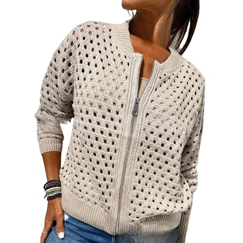 Whimsyard Damen-Strickjacke mit Reißverschluss und Aussparungen, gehäkelter Cardigan mit Reißverschluss, Damen-Strickoberteil, Häkeloberteil, aprikose, L Whimsyard Damen-Strickjacke mit Reißverschluss und Aussparungen, gehäkelter Cardigan mit Reißverschluss, Damen-Strickoberteil, Häkeloberteil, aprikose, L von Whimsyard