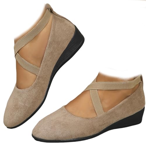 Whimsyard Elegante, einfarbige Ballerinas mit niedrigem Keilabsatz und elastischem Riemen, geschlossene, orthopädische Ballerinas aus Wildleder mit Fußgewölbeunterstützung für Damen (Khaki,38) von Whimsyard