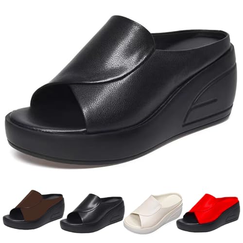 Whimsyard Sandalen mit 5,5 cm erhöhtem, schrägem Absatz, bequeme Damen-Sandalen mit Keilabsatz und Fußgewölbeunterstützung, bequeme, lässige Slipper mit offener Spitze (Schwarz,36) von Whimsyard