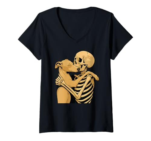 Damen Skelett umarmt Whippet Dog Halloween T-Shirt mit V-Ausschnitt Damen Skelett umarmt Whippet Dog Halloween T-Shirt mit V-Ausschnitt von Whippet Dog Life Mama Messy Bun Tee