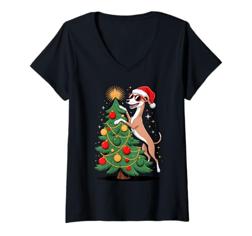 Damen Christmas Tree Whippet Sunglasses Whippets T-Shirt mit V-Ausschnitt Damen Christmas Tree Whippet Sunglasses Whippets T-Shirt mit V-Ausschnitt von Whippet Dog Lover Gifts