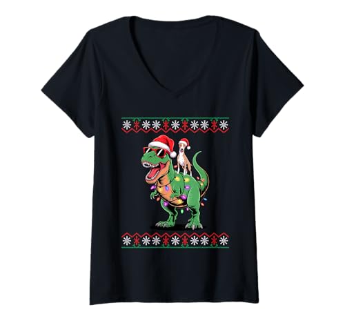 Damen Christmas Whippet T-Rex Dinosaur Tyrannosaurus Rex Whippets T-Shirt mit V-Ausschnitt von Whippet Dog Lover Gifts