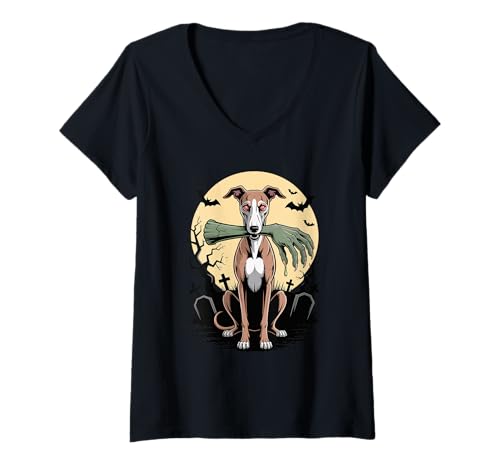 Damen Halloween Mond Zombie Hand Whippet Whippets Windhund T-Shirt mit V-Ausschnitt Damen Halloween Mond Zombie Hand Whippet Whippets Windhund T-Shirt mit V-Ausschnitt von Whippet Dog Lover Gifts