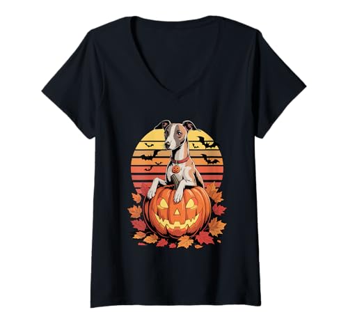 Damen Halloween Retro Whippet Whippets T-Shirt mit V-Ausschnitt Damen Halloween Retro Whippet Whippets T-Shirt mit V-Ausschnitt von Whippet Dog Lover Gifts