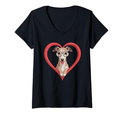 Damen Heart Whippet Glasses Whippets T-Shirt mit V-Ausschnitt Damen Heart Whippet Glasses Whippets T-Shirt mit V-Ausschnitt von Whippet Dog Lover Gifts