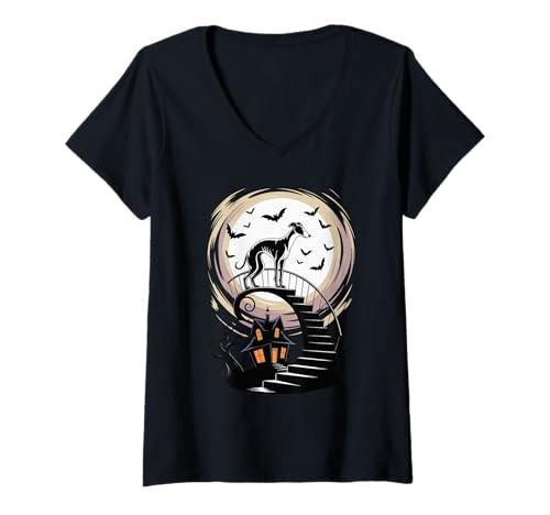 Damen Spooky Halloween Mond Whippet Whippets T-Shirt mit V-Ausschnitt Damen Spooky Halloween Mond Whippet Whippets T-Shirt mit V-Ausschnitt von Whippet Dog Lover Gifts