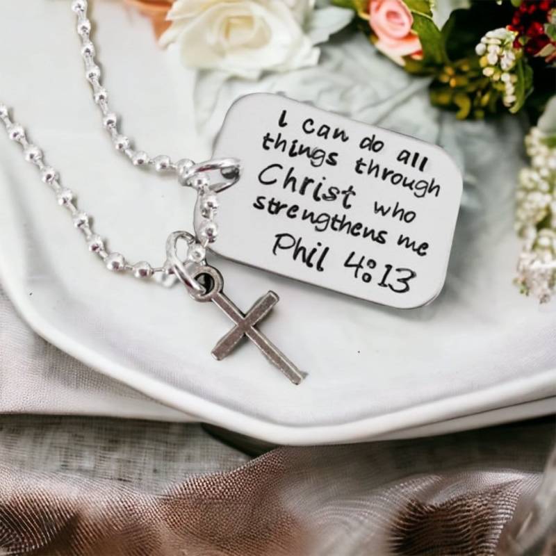 Ich Kann Alles Durch Christus Tun, Der Mich Stärkt Philipper 413 Handgestempelte Personalisierte Halskette Glauben Schmuck Bibel Vers von WhirlyBirdDesigns