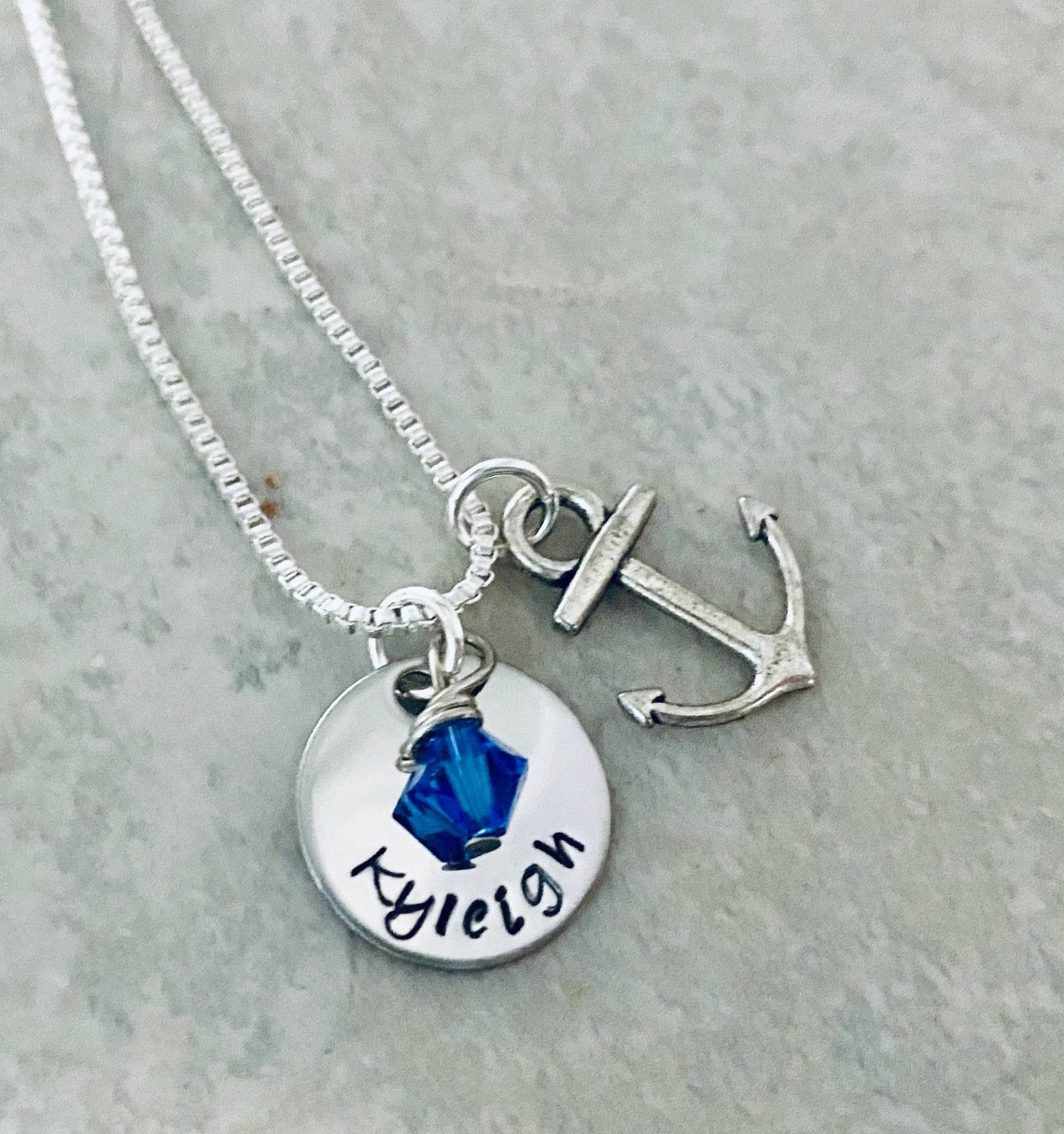 Personalisierte Anker Halskette Name Charm & Geburtsstein Kristall von WhirlyBirdDesigns
