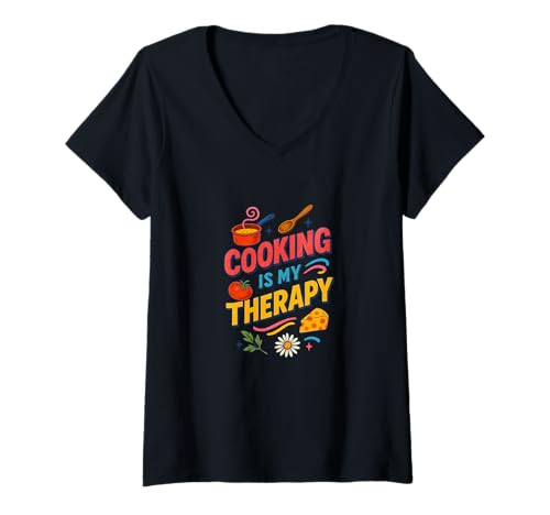 Damen Cooking is My Therapy Bunte Küchenkunst für Lebensmittelliebhaber T-Shirt mit V-Ausschnitt Damen Cooking is My Therapy Bunte Küchenkunst für Lebensmittelliebhaber T-Shirt mit V-Ausschnitt von Whisk and Wonder Studio Arts