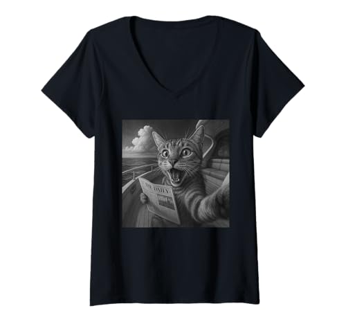 Damen Lustige Selfie-Katze, die Zeitung auf dem Boot liest T-Shirt mit V-Ausschnitt Damen Lustige Selfie-Katze, die Zeitung auf dem Boot liest T-Shirt mit V-Ausschnitt von Whisker Adventures Co
