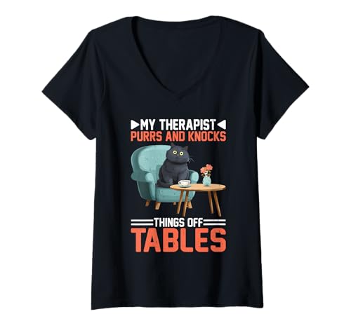 Damen My Therapist Purrs and Knocks Things Off Tables - T-Shirt mit V-Ausschnitt Damen My Therapist Purrs and Knocks Things Off Tables - T-Shirt mit V-Ausschnitt von Whisker Begleitkatze Witze