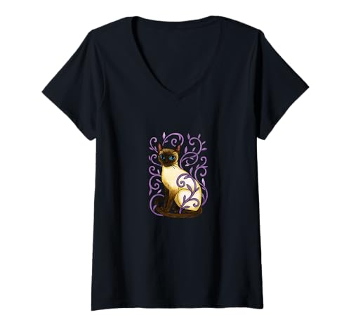Damen Siamkatze mit lila Ranken, Blumenmuster, lila, Gartenästhetik T-Shirt mit V-Ausschnitt Damen Siamkatze mit lila Ranken, Blumenmuster, lila, Gartenästhetik T-Shirt mit V-Ausschnitt von Whisker Bloom Botanical Studios