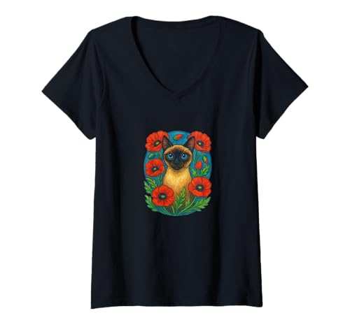 Damen Siamkatze mit Mohnblumen, Elegantes Blumenmotiv T-Shirt mit V-Ausschnitt von Whisker Blooms Emporium