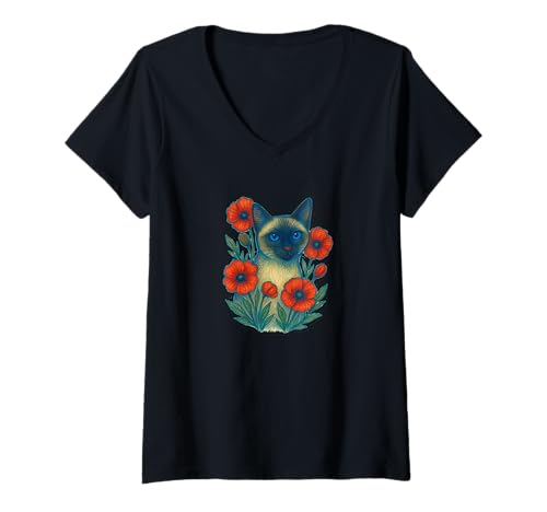 Damen Siamkatze mit Mohnblumen, Elegantes Blumenmotiv T-Shirt mit V-Ausschnitt Damen Siamkatze mit Mohnblumen, Elegantes Blumenmotiv T-Shirt mit V-Ausschnitt von Whisker Blooms Emporiums